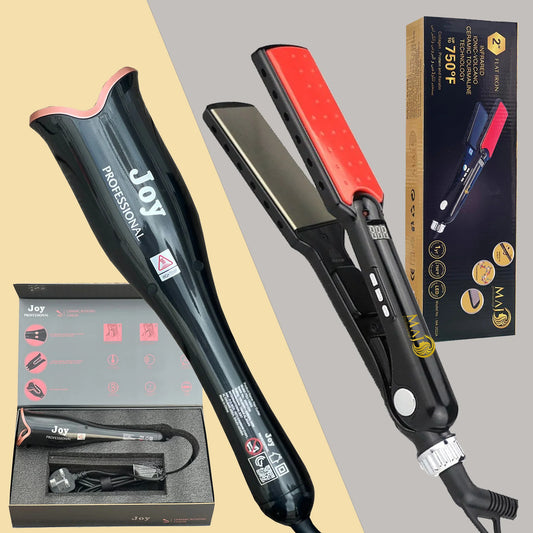 مكواة ماج الاحترافية 750°F مع مكواة جو التلقائية | MAJ Professional Hair Straightener 750F With Joy Auto Hair Curler